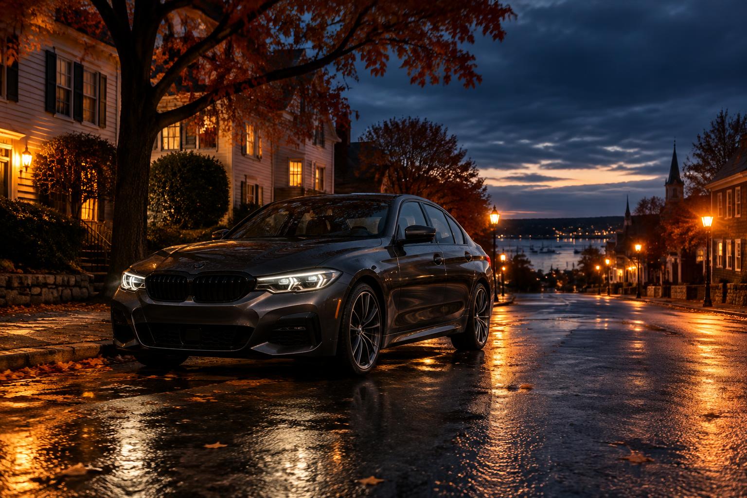 Sedan da AD Rental em uma rua de Massachusetts ao entardecer